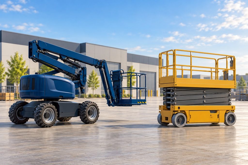 Illustration of a stowed blue boom lift and a lowered yellow scissor lift in an equipment yard