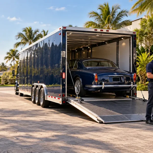 Authorized representative receiving a classic car from an enclosed transport trailer in Florida