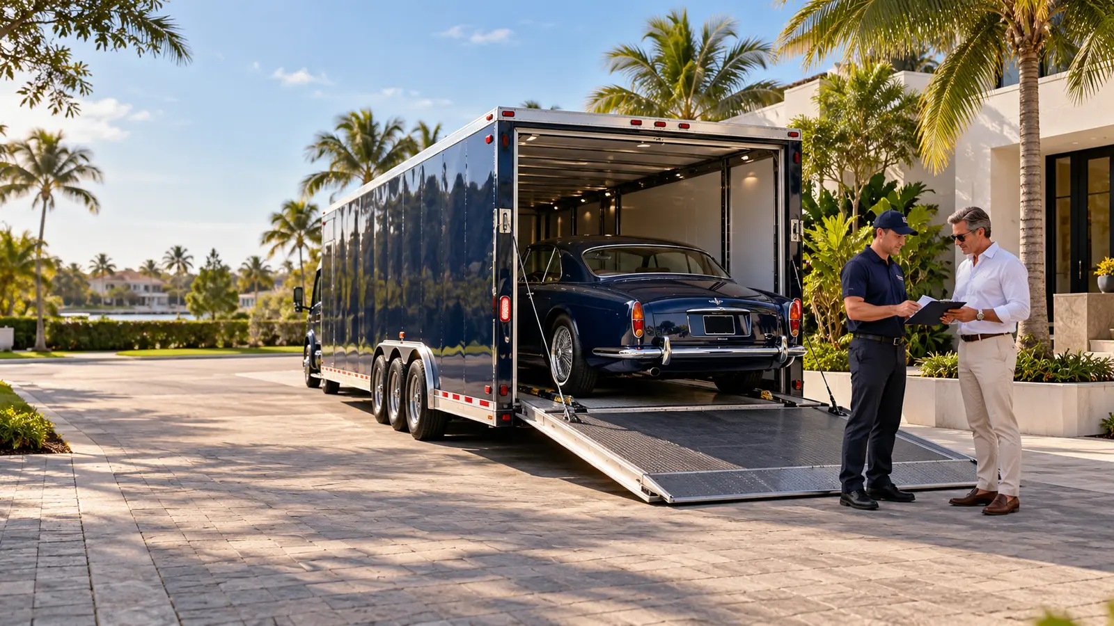 Authorized representative receiving a classic car from an enclosed transport trailer in Florida
