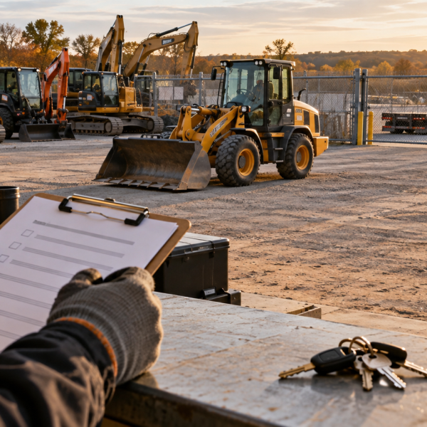 Illustration of an auction release checklist and machine keys beside an equipment pickup yard