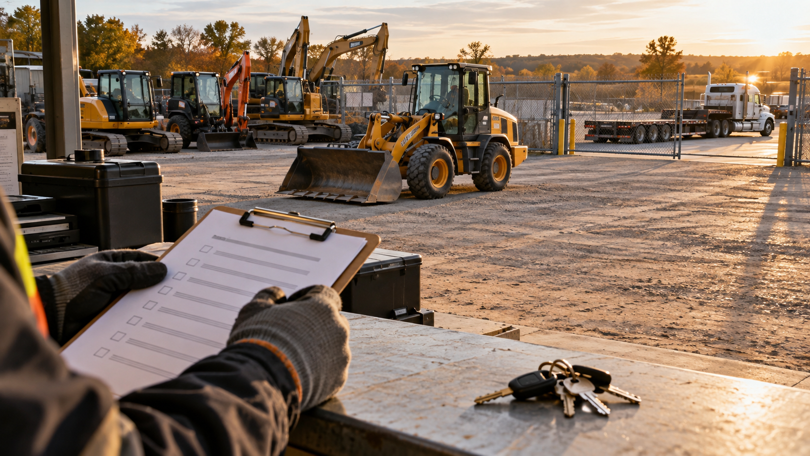 Illustration of an auction release checklist and machine keys beside an equipment pickup yard