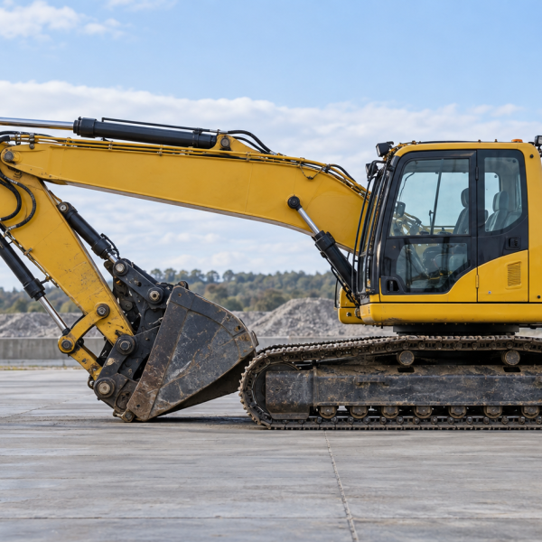 Illustration of a surveyor measuring a folded excavator before transport