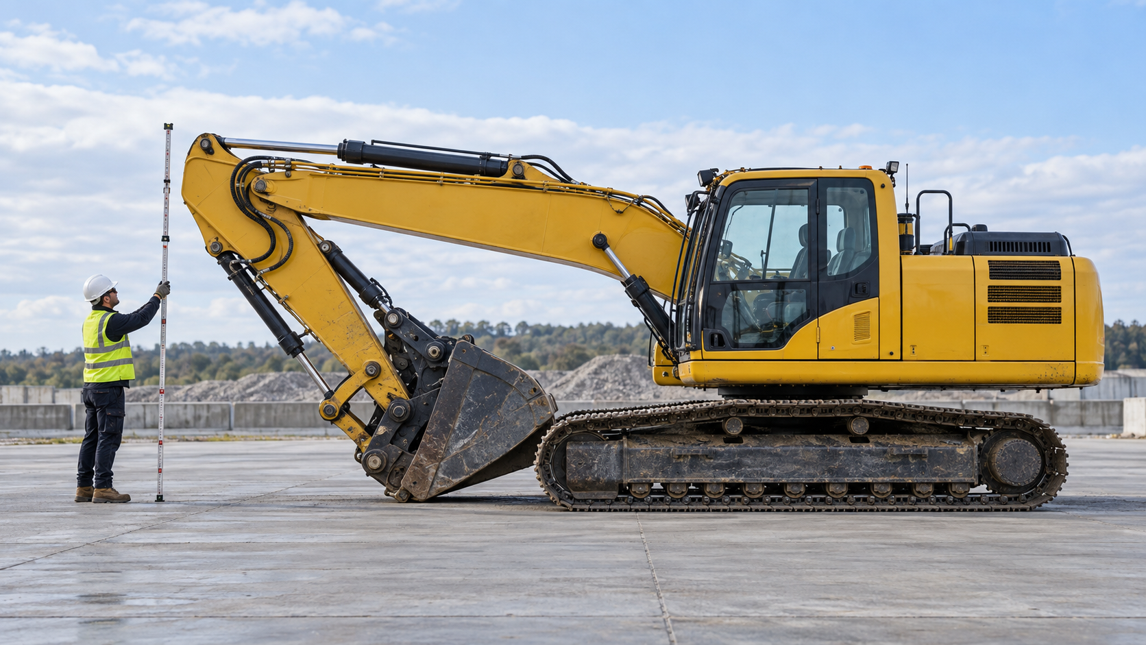 Illustration of a surveyor measuring a folded excavator before transport