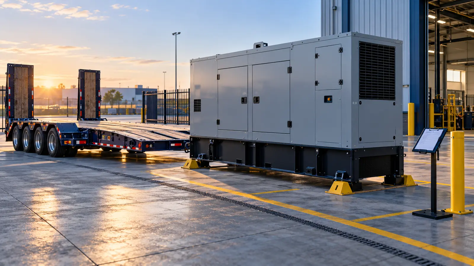 Illustration of an industrial generator staged near a low-profile trailer for factory-release pickup planning