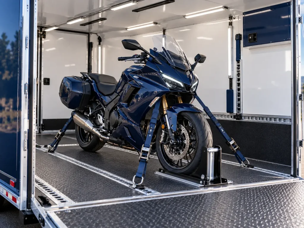 Navy sport-touring motorcycle secured inside a clean enclosed transport trailer