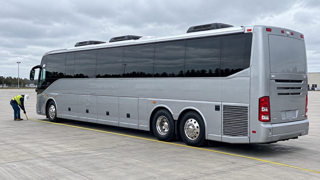 Illustration of a surveyor measuring a motorcoach on a level apron