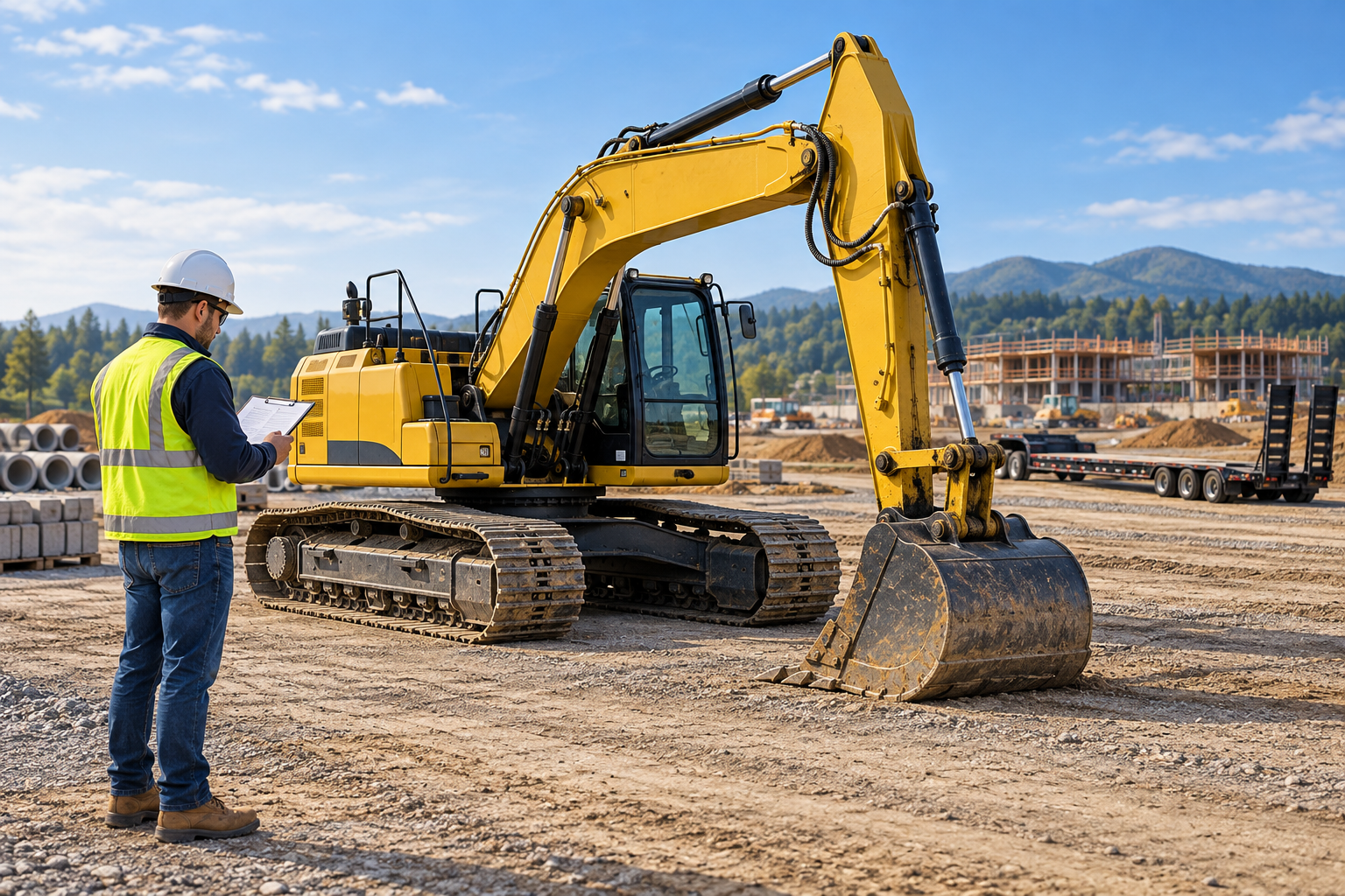 Illustration of a contractor reviewing project estimates beside a parked excavator at a construction site