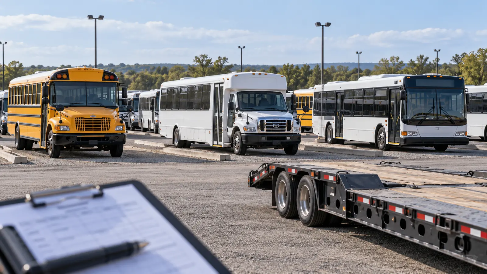 Illustration of several buses in an auction yard beside a low-profile trailer and planning clipboard