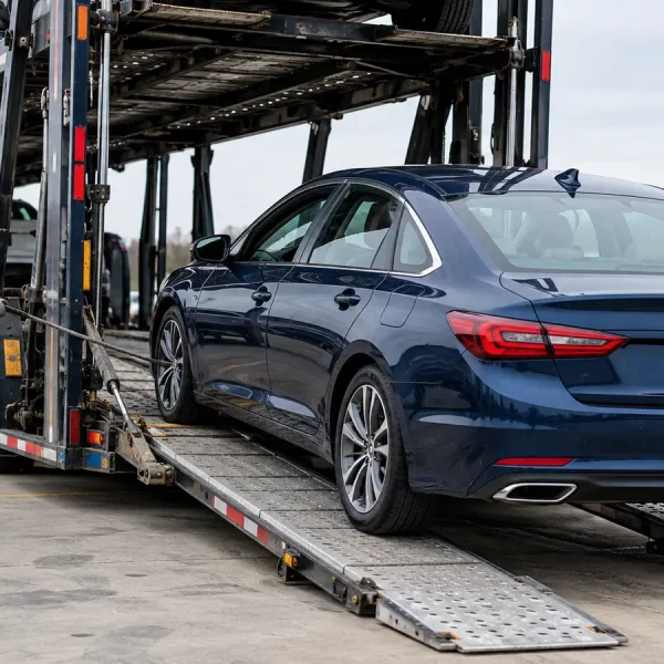 Transport professional reviewing a sedan and carrier equipment before loading a non-running vehicle