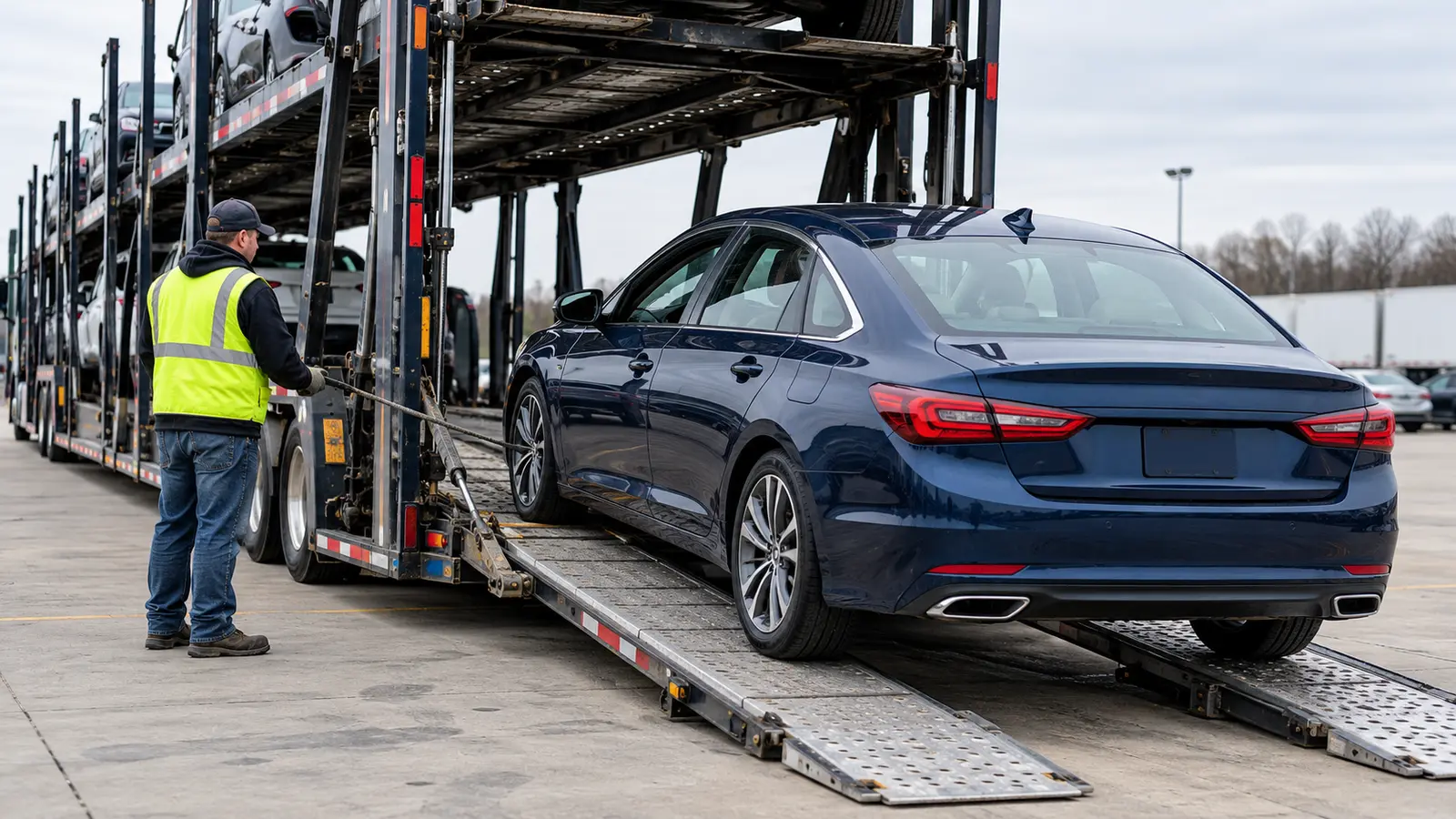 Transport professional reviewing a sedan and carrier equipment before loading a non-running vehicle
