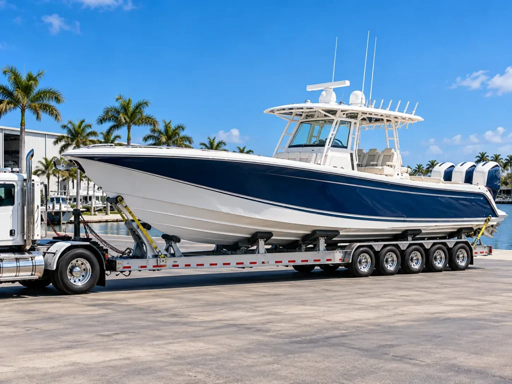Large offshore fishing boat secured on a multi-axle marine transport trailer
