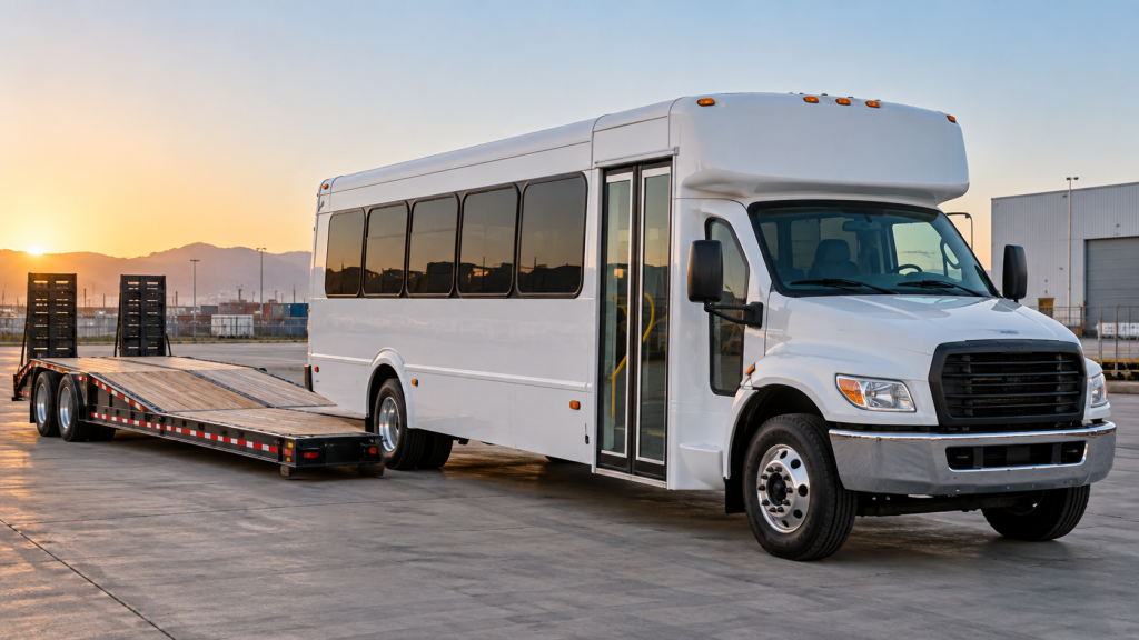 Illustration of a shuttle bus beside a low-deck transport trailer