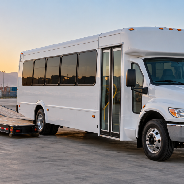 Illustration of a shuttle bus beside a low-deck transport trailer