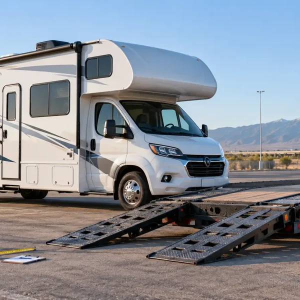 Class C motorhome beside a transport trailer with measurement tools