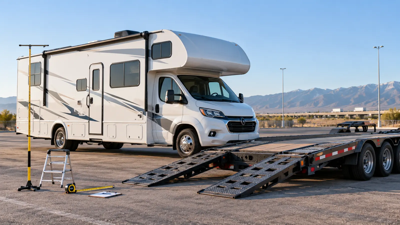 Class C motorhome beside a transport trailer with measurement tools