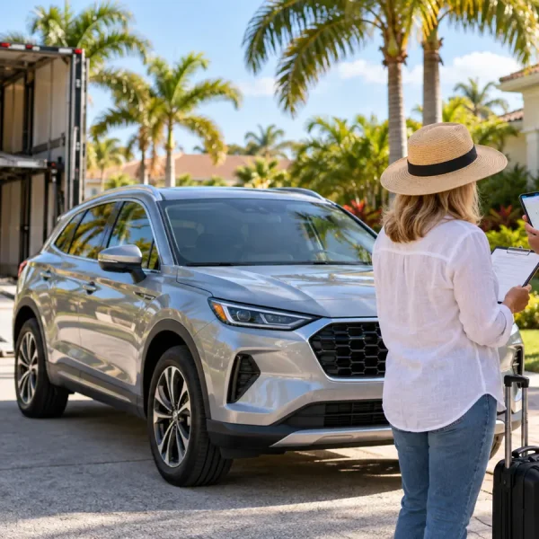 Travelers planning snowbird car shipping to Florida beside a vehicle and transport trailer