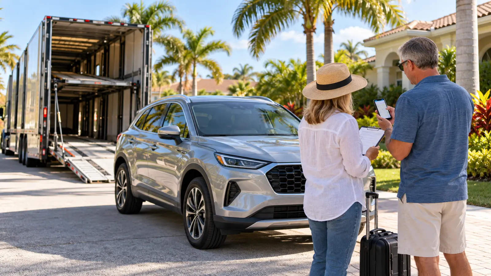 Travelers planning snowbird car shipping to Florida beside a vehicle and transport trailer