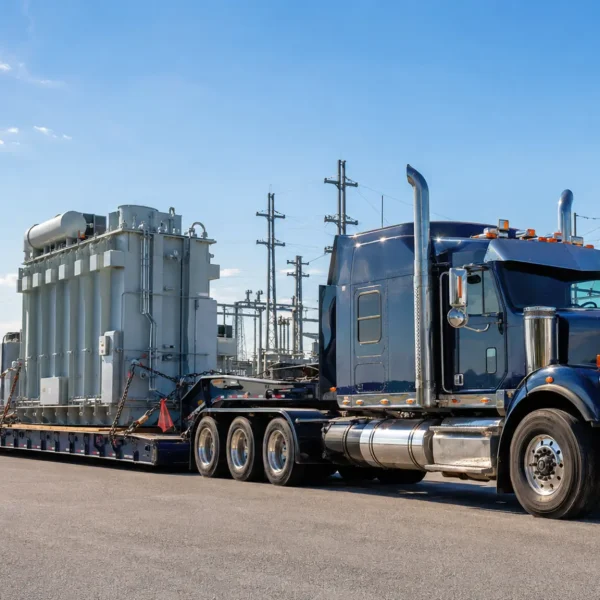 Heavy haul truck transporting a large electrical transformer near a utility substation