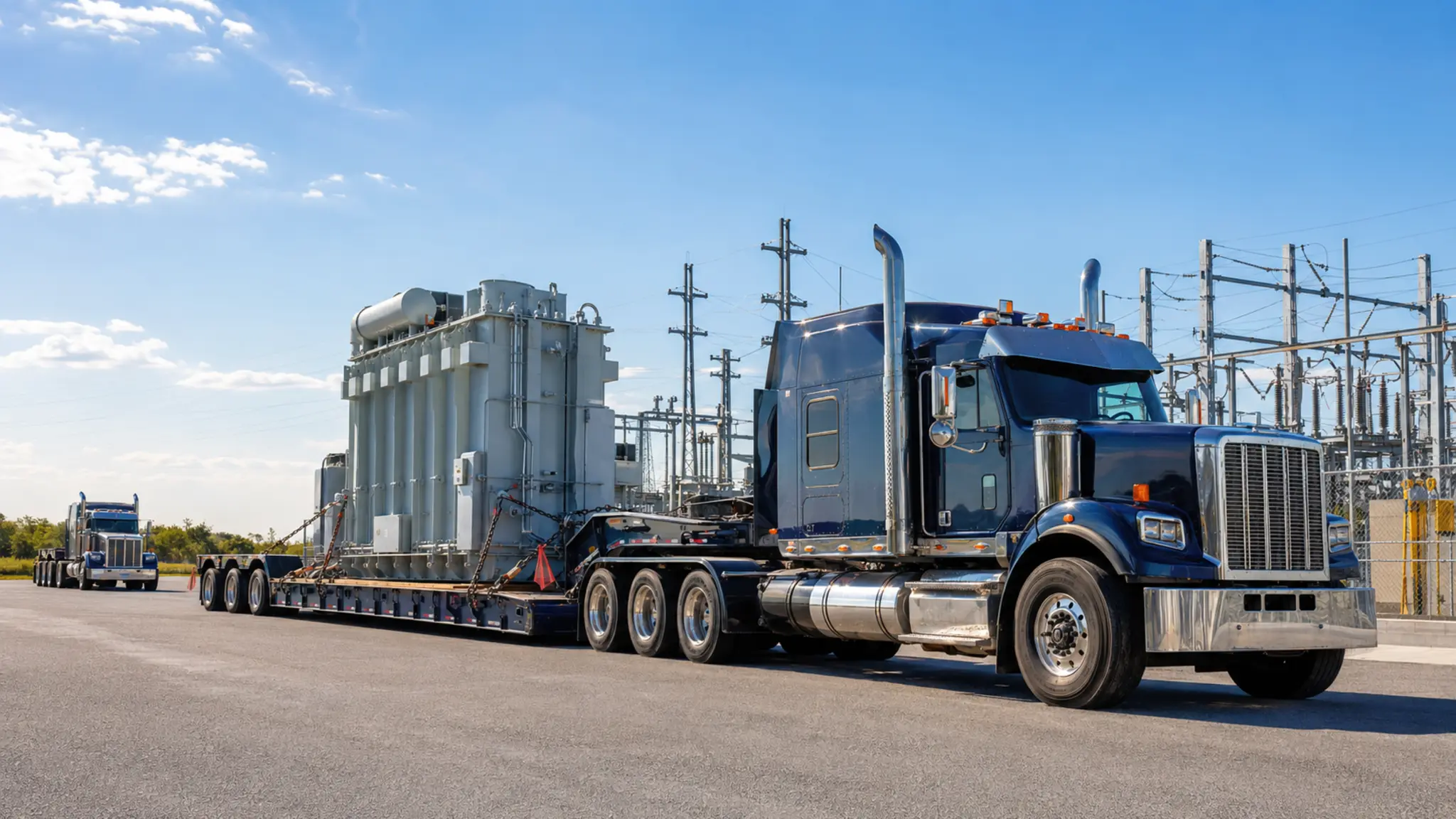 Heavy haul truck transporting a large electrical transformer near a utility substation