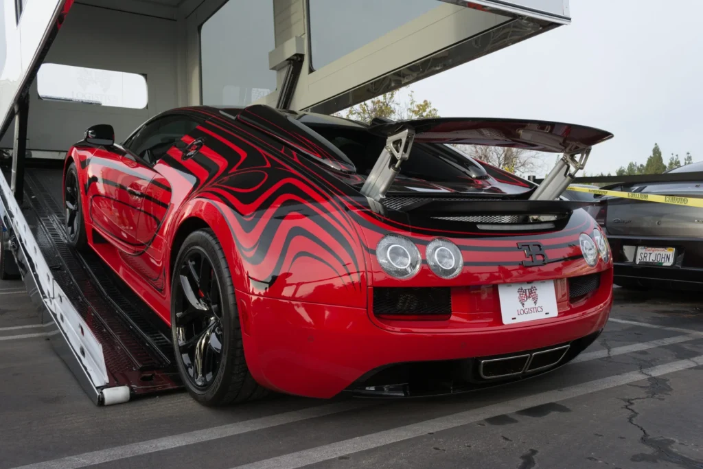 Exotic vehicle prepared for enclosed auto transport